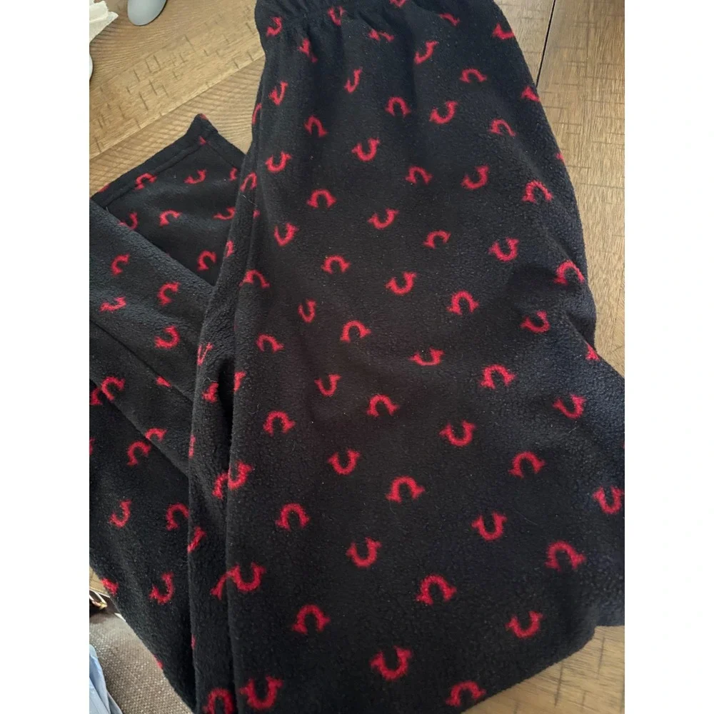 True Religion Mens Fleece Lounge Pants Black Red Horseshoe Logo Small PJ Bottoms